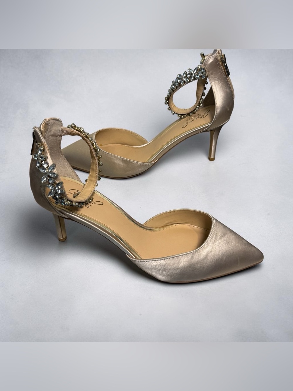 Jewel Badgley Mischka Metallic Gold Jeweled Ankle-Strap Pumps, size 9.5, NWOT
